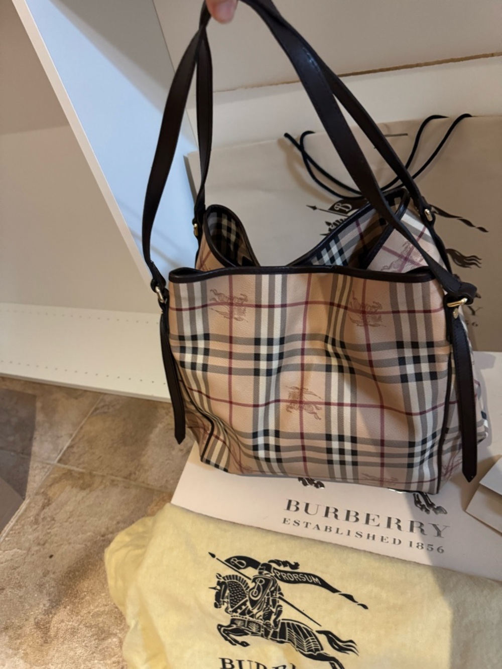 Burberry Beige Nova Check Tote with Dark Brown Trim